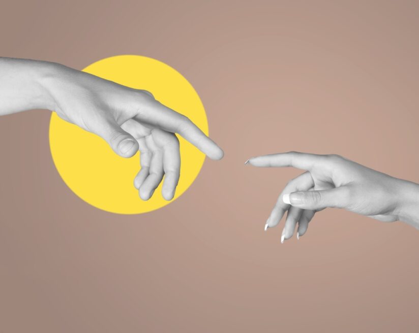 Digital,Collage,Of,Hand,Reaching,Together