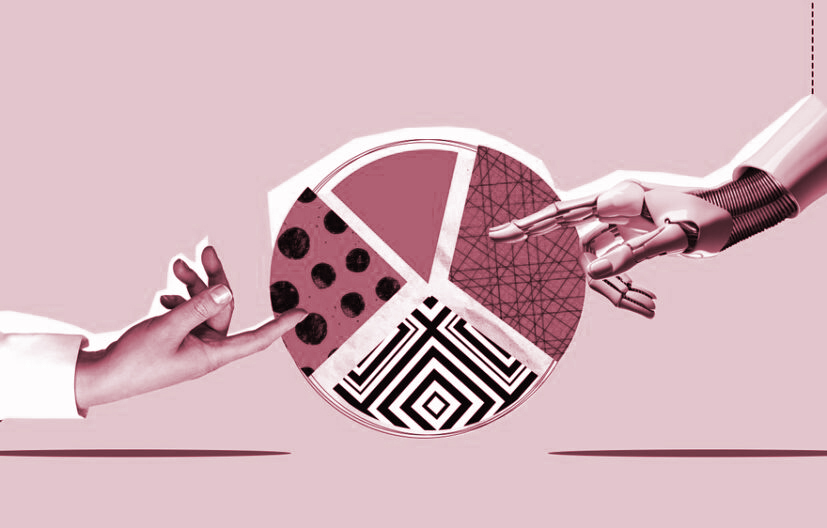 Human hand and ai Roboter hand symbolizing teamwork working on a pie chart. Arms point fingers hold pieces diagram chart. Earn money together with artificial intelligence.