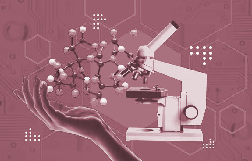 Contemporary art collage. Science and technology integration. Human hand holding molecular structure next to microscope. Concept of technology progress and science discoveries. Futuristic artwork.